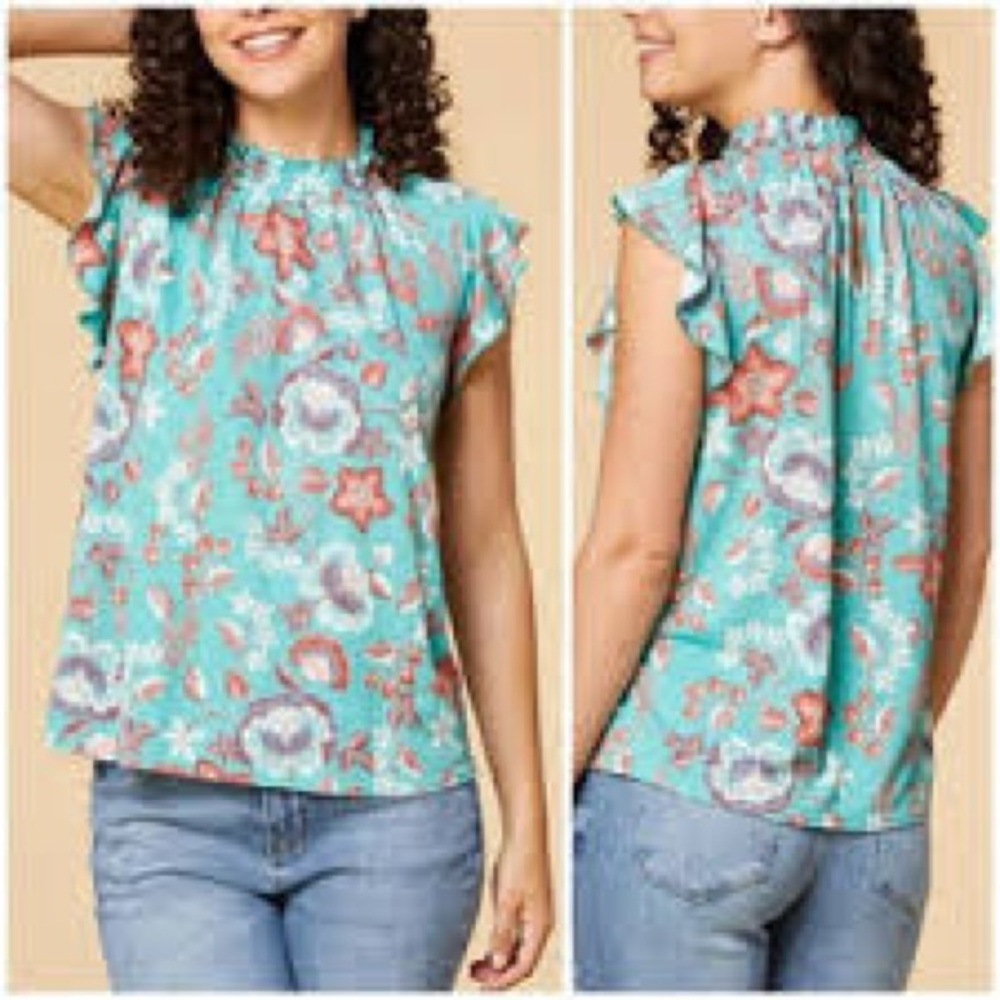 Floral Ruffle Sleeve Top - Teal